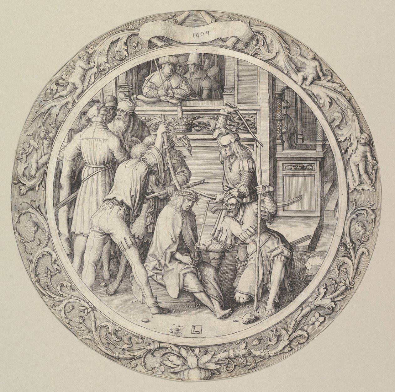 Orjantappuroilla kruunattu Kristus, kiertokirjeestä, 1509. tekijältä Lucas van Leyden