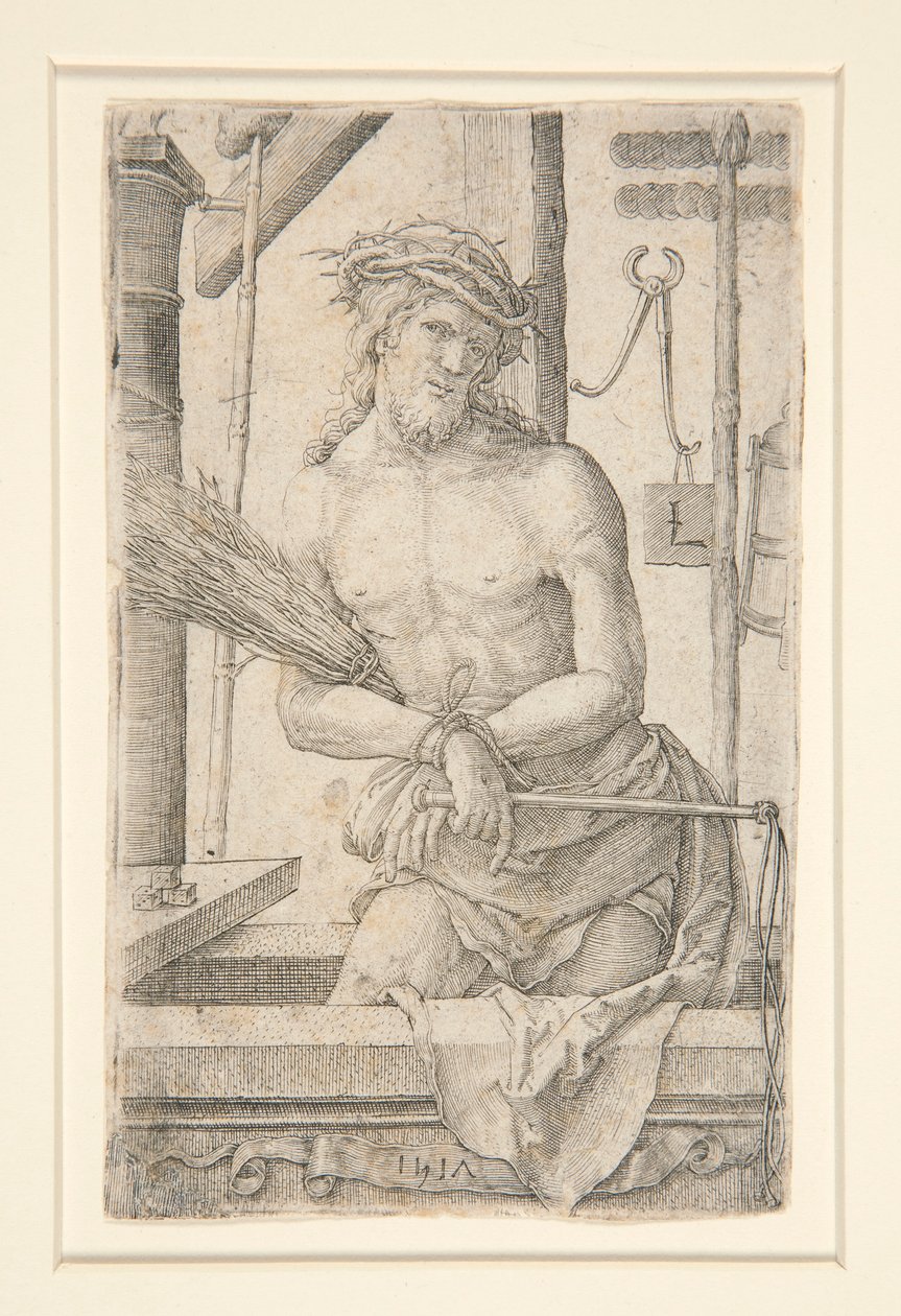 Kristus murheiden miehenä kärsimyksen soittimien kanssa tekijältä Lucas van Leyden