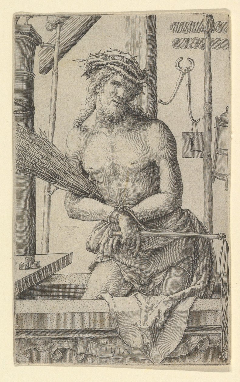 Kristus surujen miehenä kärsimyksen soittimien kanssa., 1517. tekijältä Lucas van Leyden