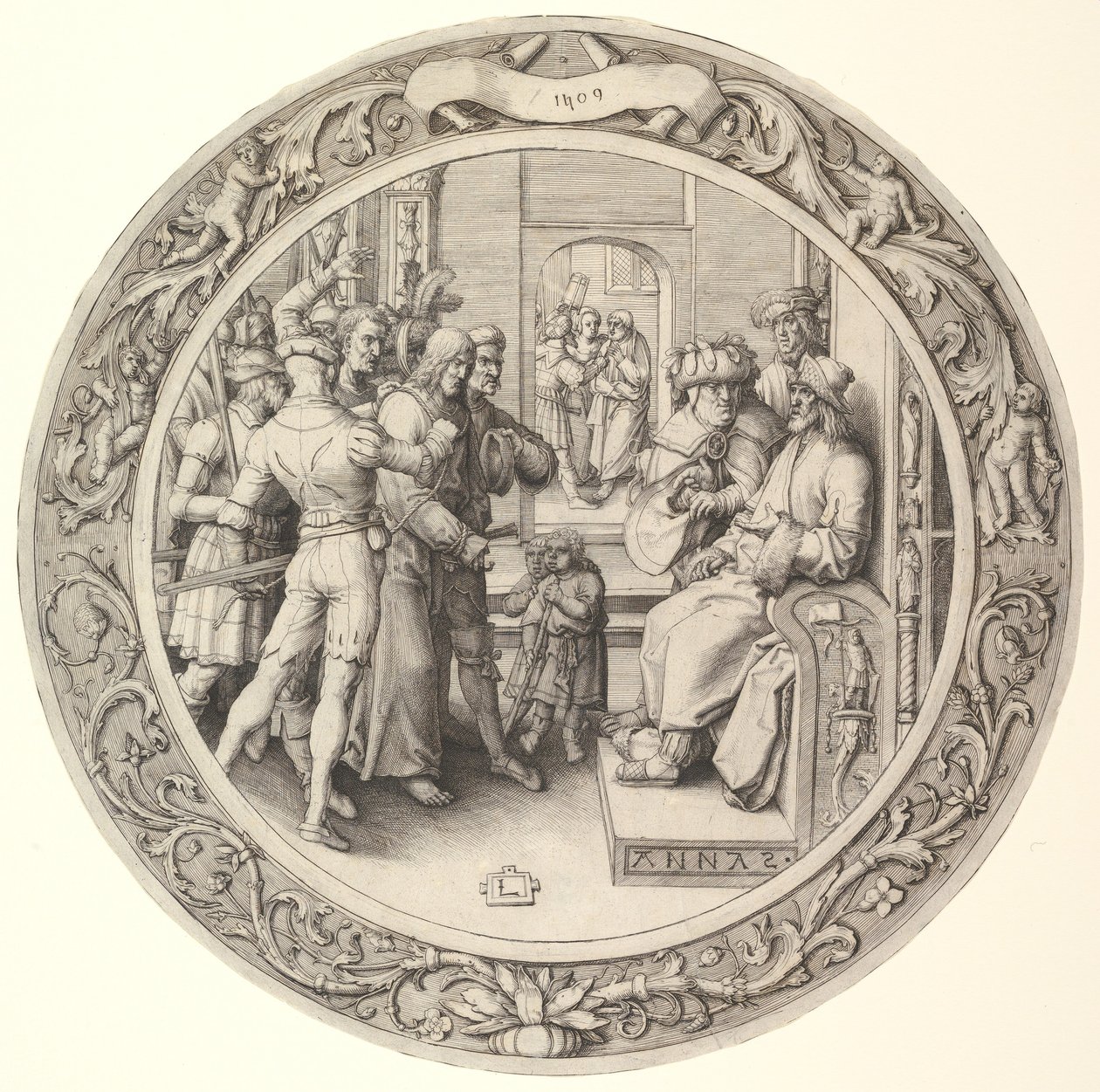 Kristus Hannaksen edessä, kiertokirjeestä, 1509. tekijältä Lucas van Leyden