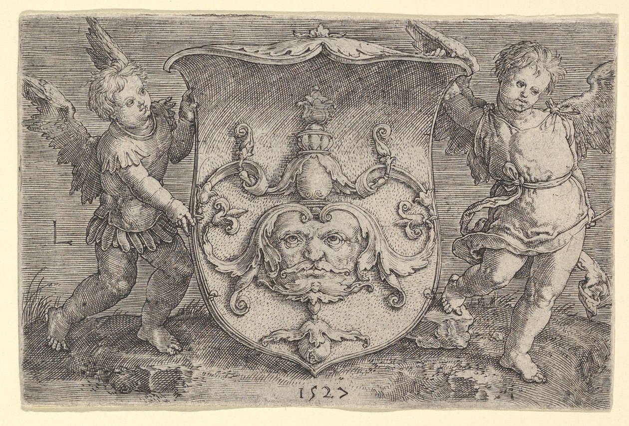 Vaakuna ja naamio, hallussaan Two Genii, 1527. tekijältä Lucas van Leyden