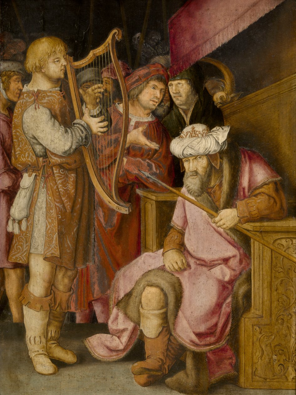 Daavid soittaa harppuaan Saulille tekijältä Lucas van Leyden