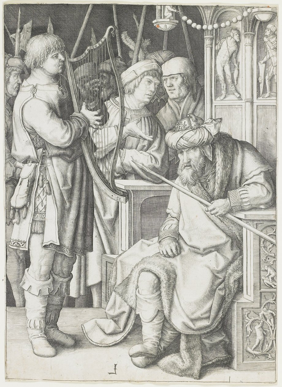 Daavid soittamassa harppua Saulin edessä, n. 1508 tekijältä Lucas van Leyden