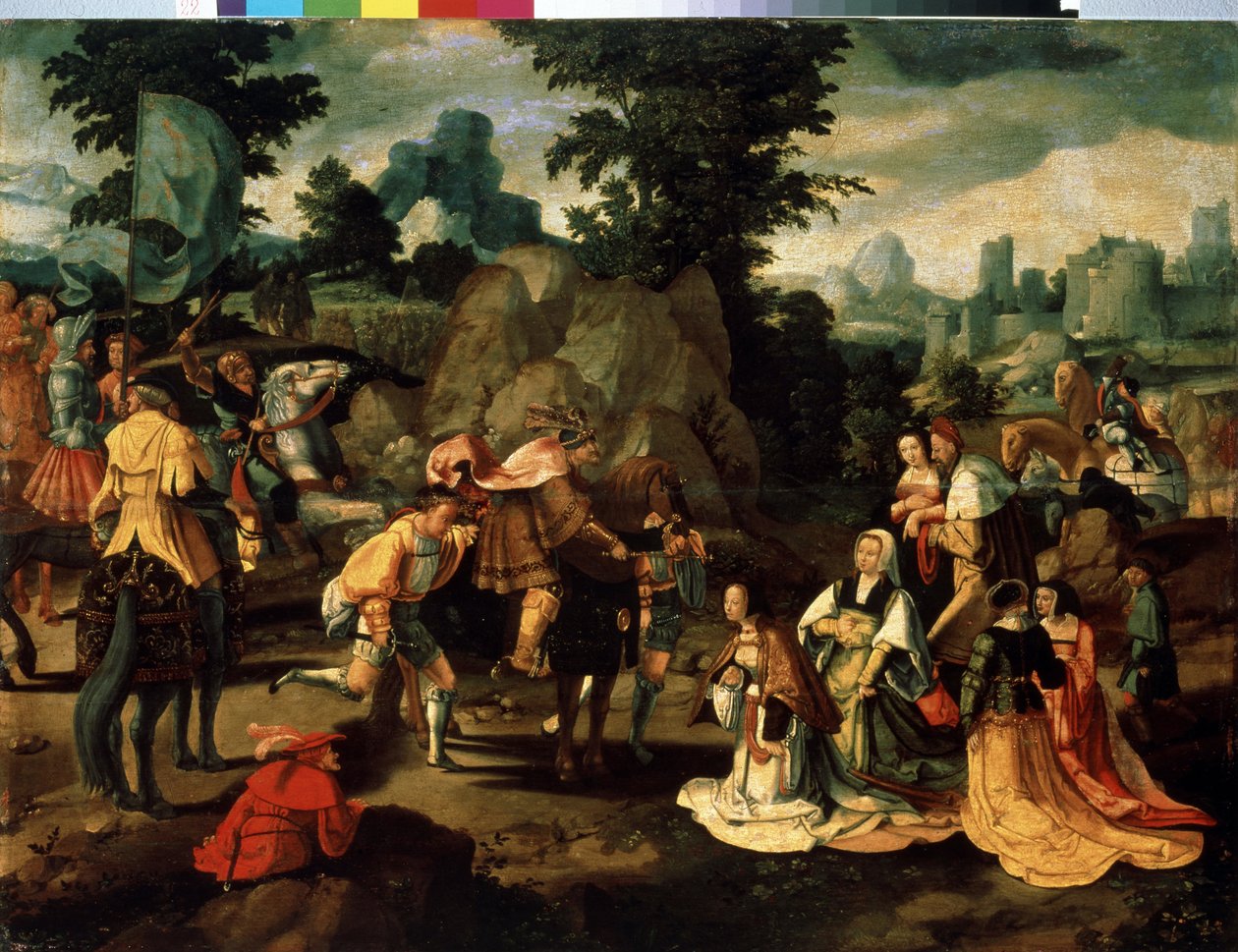Daavid ja Abigail (Abigael, Abigail). Lucas van Leydenin maalaus (1489/94-1533). Öljy puulle. Renaissance Low Country Art. Länsi- ja itätaiteen museo, Odessa (Ukraina) tekijältä Lucas van Leyden