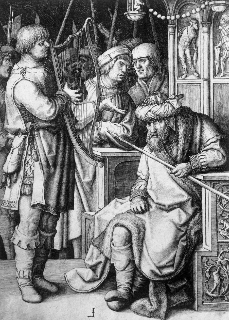 Daavid soittamassa harppua kuningas Saulin edessä, noin 1508, Lucas van Leyden (n. 1494-1533), kaiverrus tekijältä Lucas van Leyden