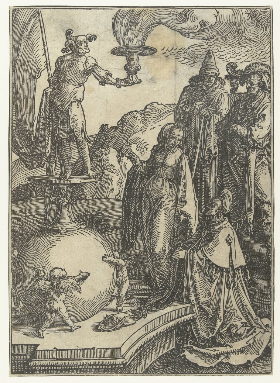 Salomon epäjumalanpalvelus Piensarjan naisten listat (sarjan nimi) tekijältä Lucas van Leyden