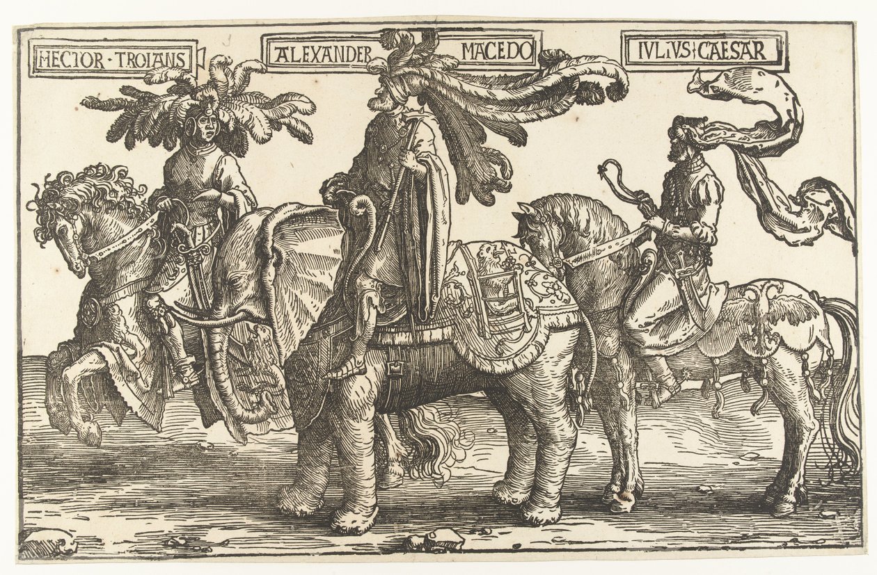 Sankarit Troijan Hector, Aleksanteri Suuri ja Julius Caesar The Nine Heroes (sarjan nimi) tekijältä Lucas van Leyden
