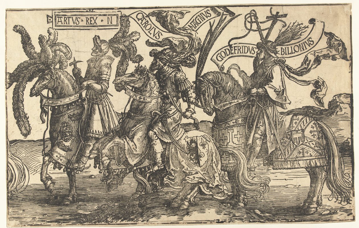 Sankarit Kuningas Arthur, Charlemagne ja Godfrey of Bouillon The Nine Heroes (sarjan nimi) tekijältä Lucas van Leyden