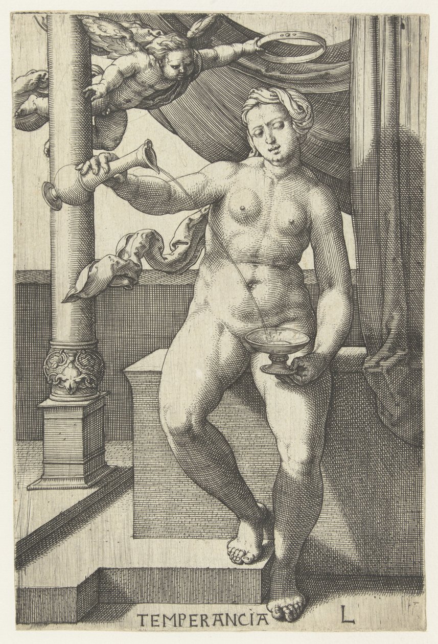raittiutta Temperancia (otsikko esineessä) Seitsemän hyvettä (sarjan nimi) tekijältä Lucas van Leyden