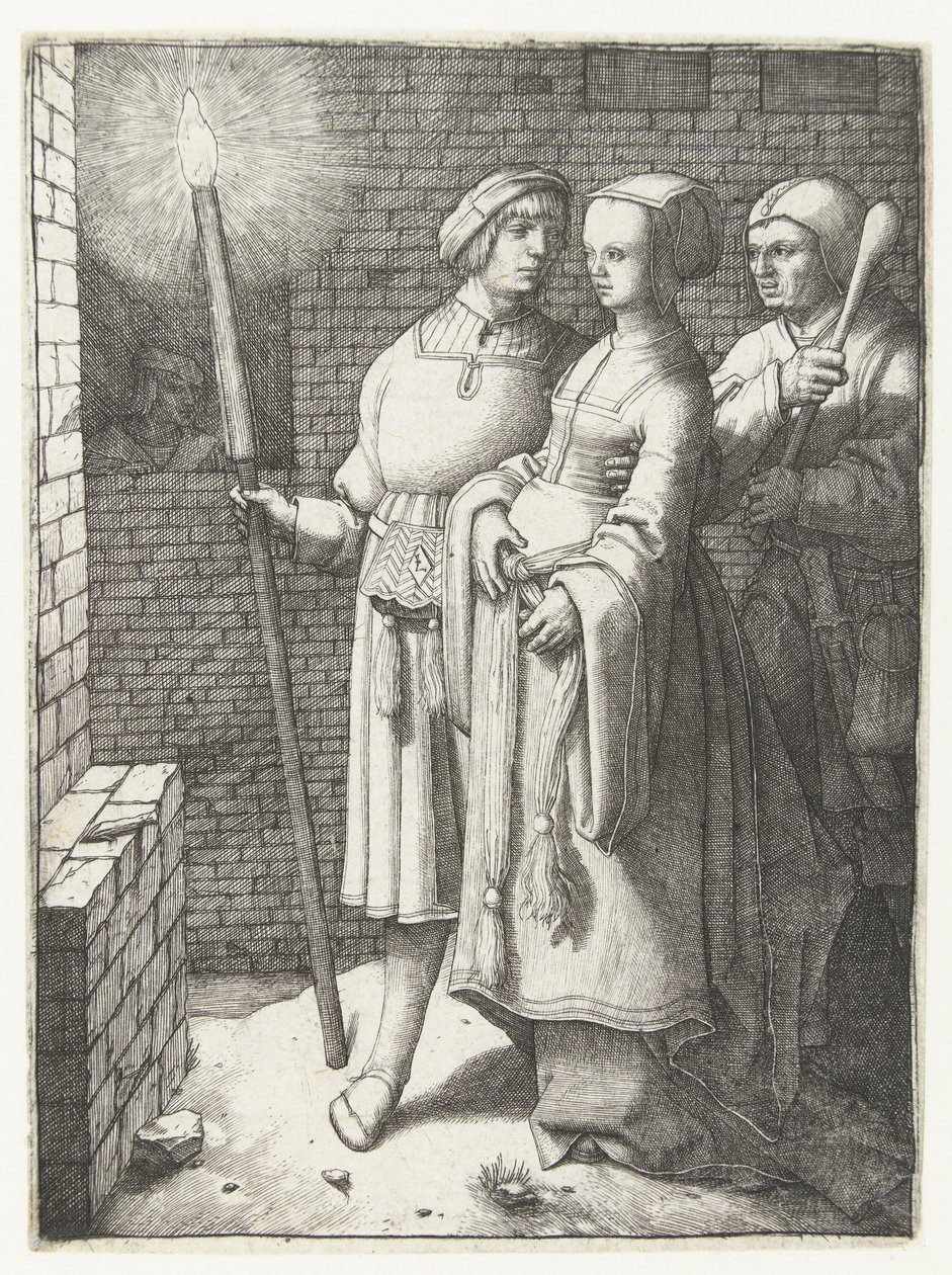 Nuori mies taskulamppu, nainen ja nar tekijältä Lucas van Leyden