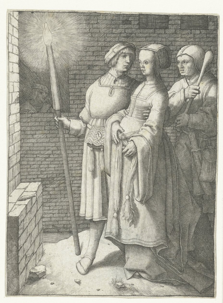 Nuori mies taskulamppu, nainen ja nar tekijältä Lucas van Leyden