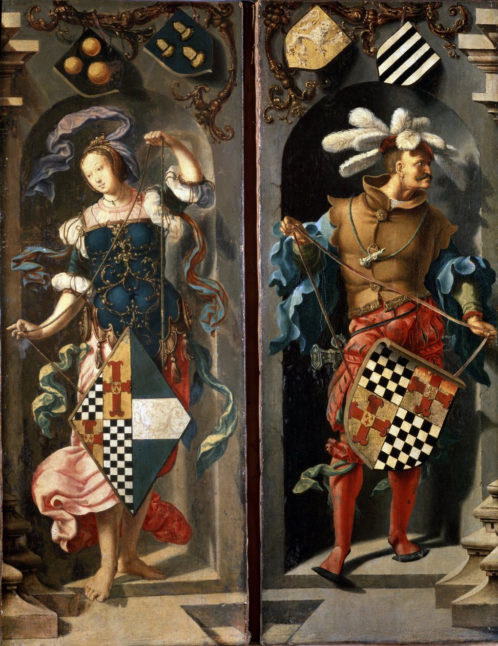 Jerikon sokean miehen paraneminen (sivupaneeli). Jerikon sokean miehen paraneminen. Kaksi hahmoa pitelevät vaakunaa. Lucas Van Leydenin maalaus (1489/94-1533) tekijältä Lucas van Leyden