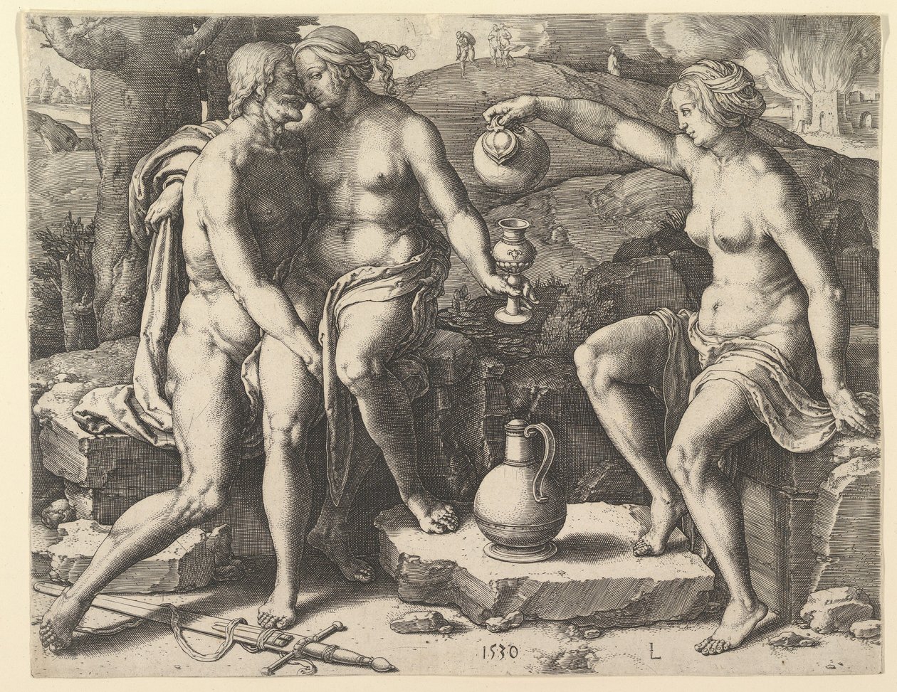 Loot ja hänen tyttärensä, 1530. tekijältä Lucas van Leyden
