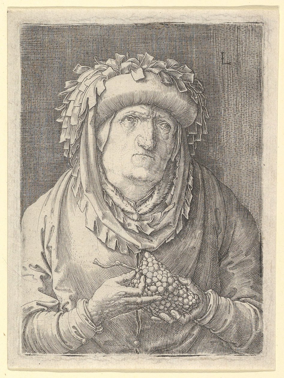 Vanha nainen viinirypäleillä, n. 1523. tekijältä Lucas van Leyden