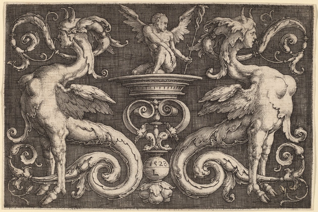 Ornamentti, jossa on kaksi sfinksiä ja siivekäs mies tekijältä Lucas van Leyden