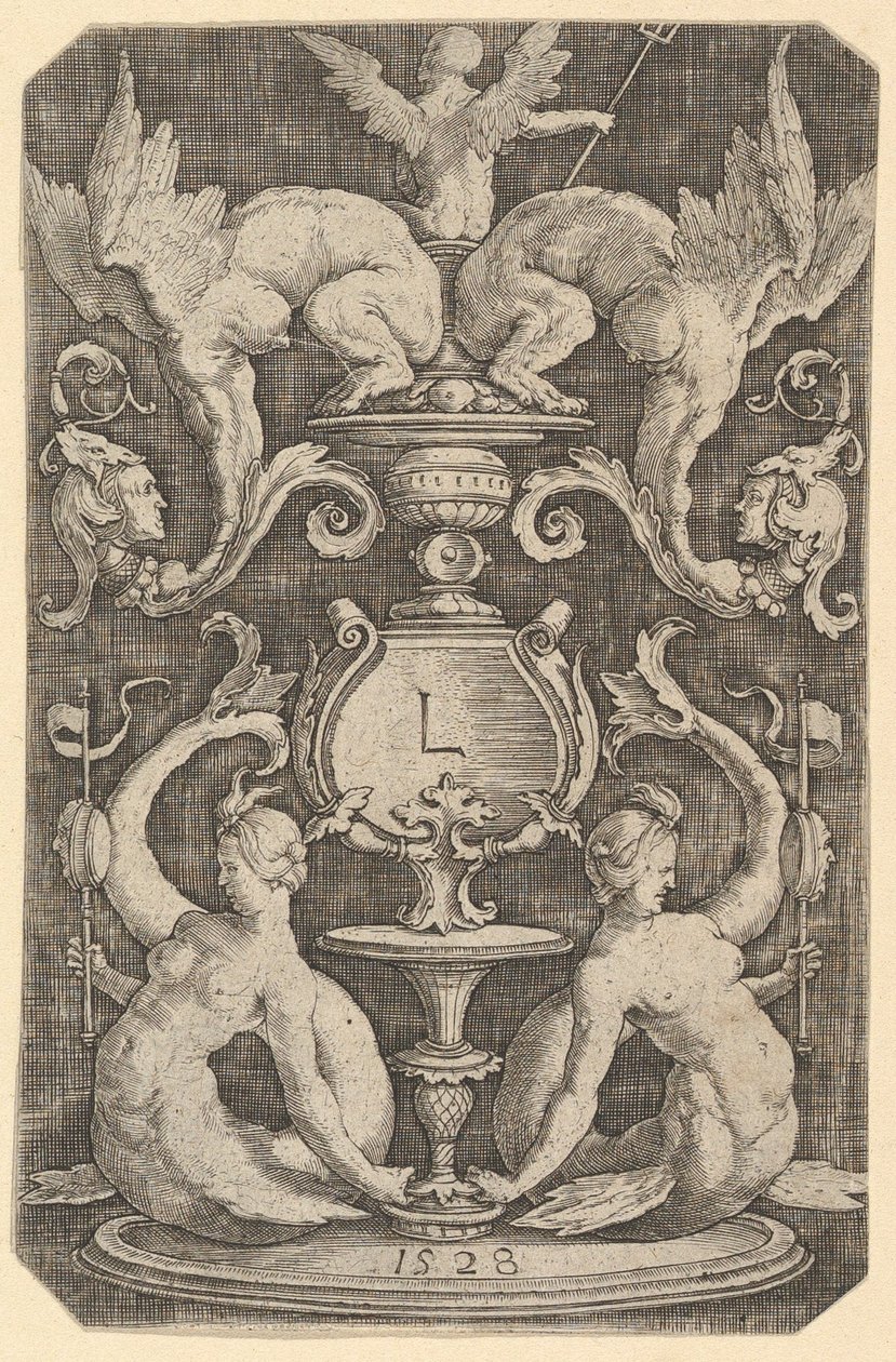 Ornamenttipaneeli kahdella sireenillä, 1528. tekijältä Lucas van Leyden