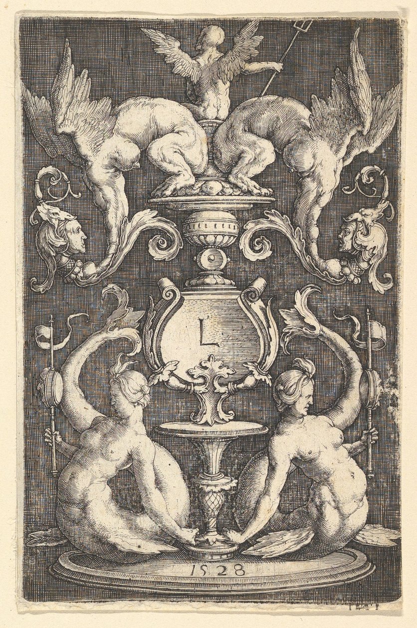 Ornamenttipaneeli kahdella sireenillä, 1528. tekijältä Lucas van Leyden