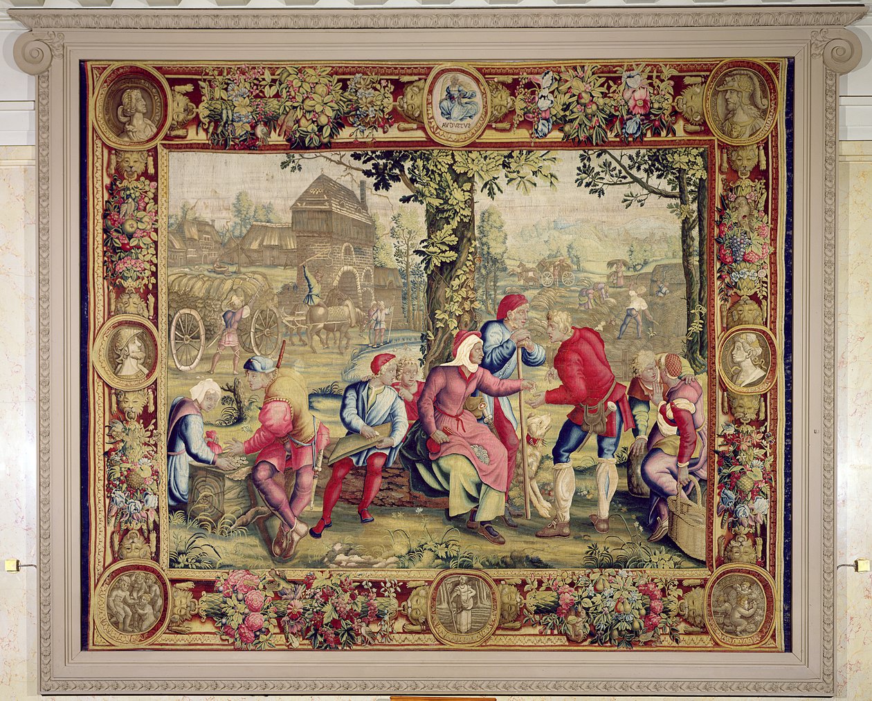 Harvesterien maksaminen, Gobelins Workshop (kuvakudos) tekijältä Lucas van Leyden