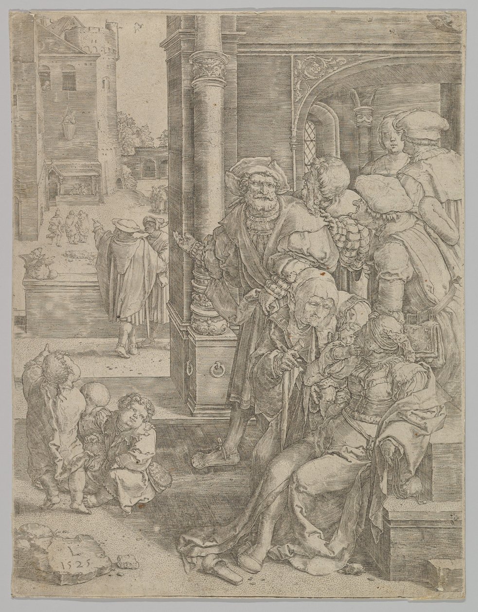 Runoilija Vergilius ripustettu koriin, 1525. tekijältä Lucas van Leyden