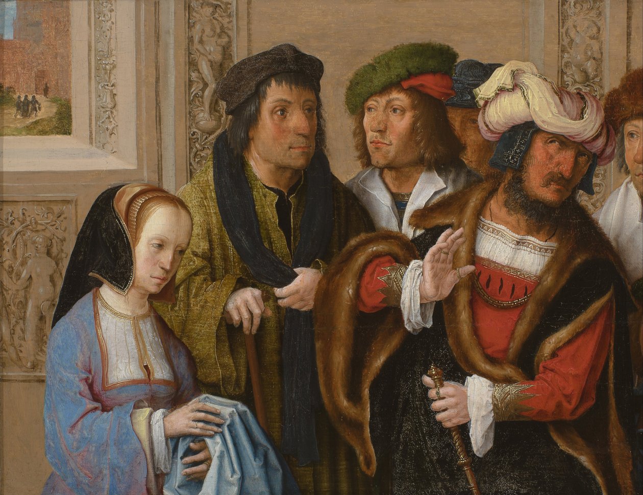 Potifarin vaimo näyttää miehelleen Joosefin viitan. Taustalla: Joosefia viedään vankilaan. tekijältä Lucas van Leyden