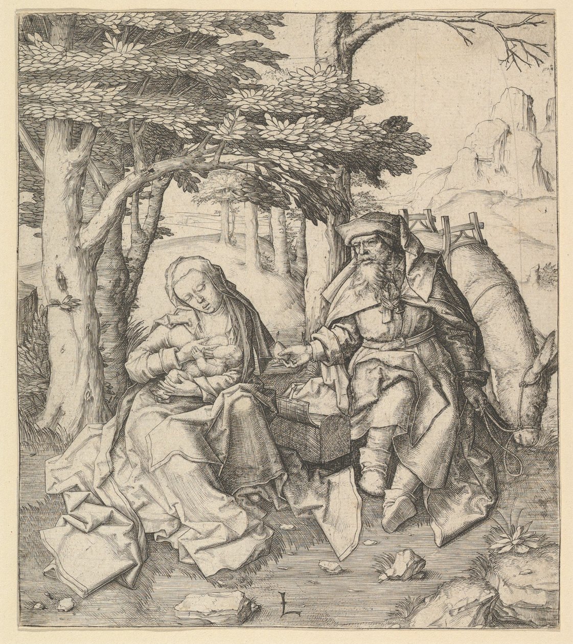 Lepää lennolla Egyptiin, n. 1506. tekijältä Lucas van Leyden
