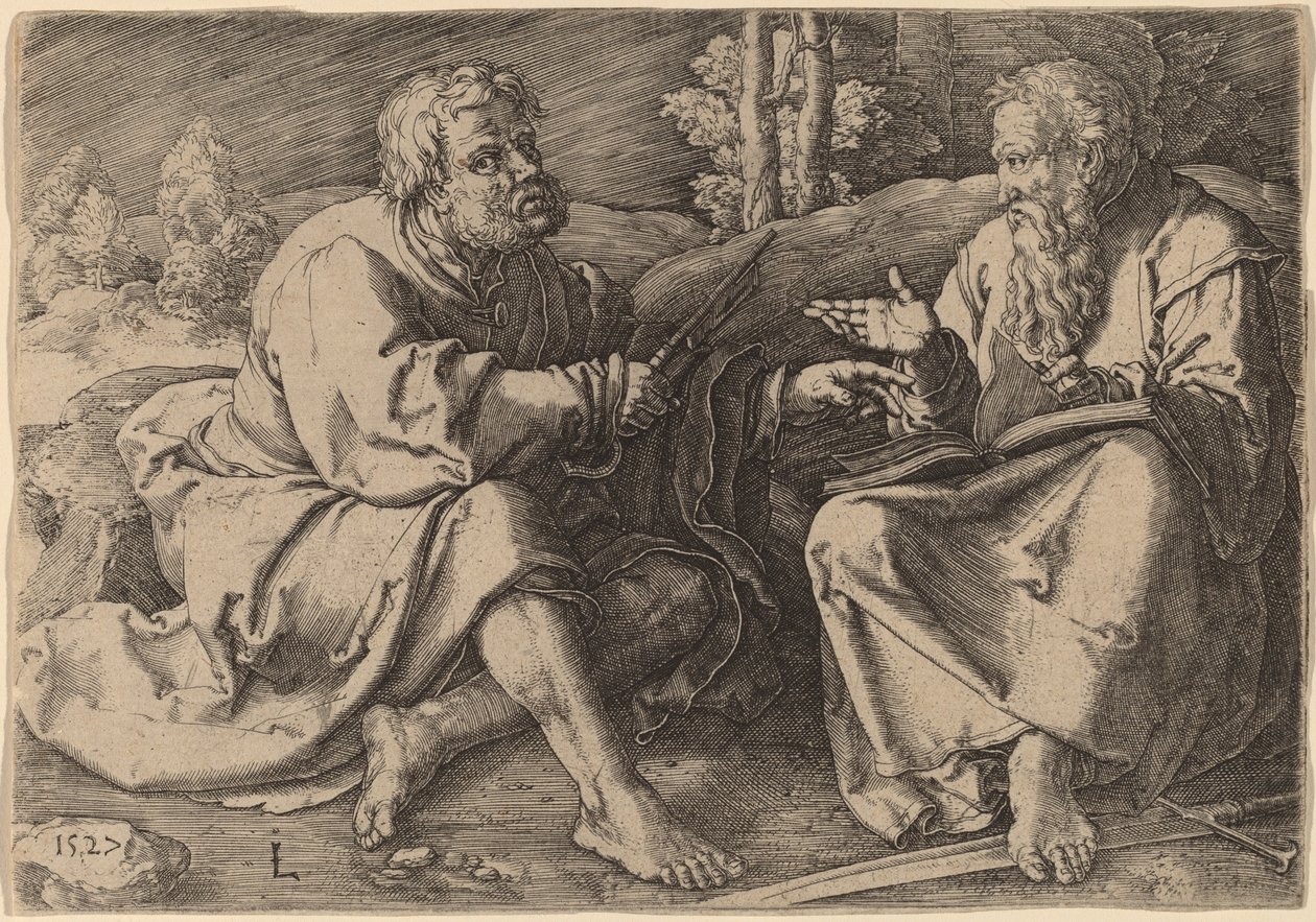Pyhät Pietari ja Paavali istuvat maisemassa tekijältä Lucas van Leyden