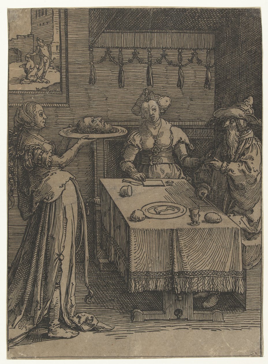 Salome Johannes Kastajan pään kanssa Piensarjan naisten listat (sarjan nimi) tekijältä Lucas van Leyden