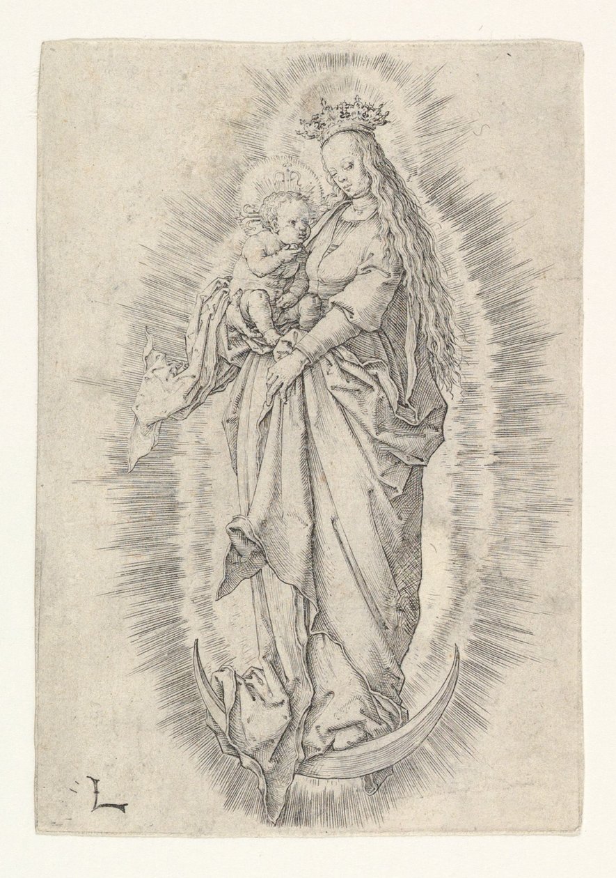 Kruunattu neitsyt lapsen kanssa kunniassa, n. 1512. tekijältä Lucas van Leyden