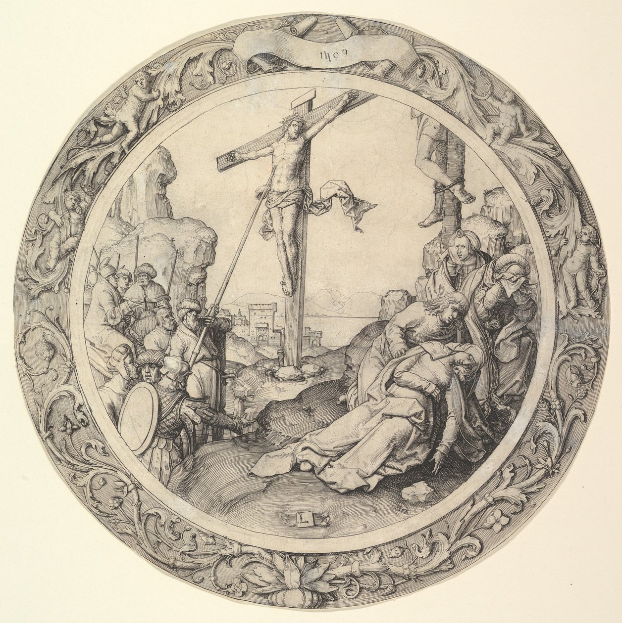 Ristiinnaulitseminen, kiertokirjeestä, 1509. tekijältä Lucas van Leyden
