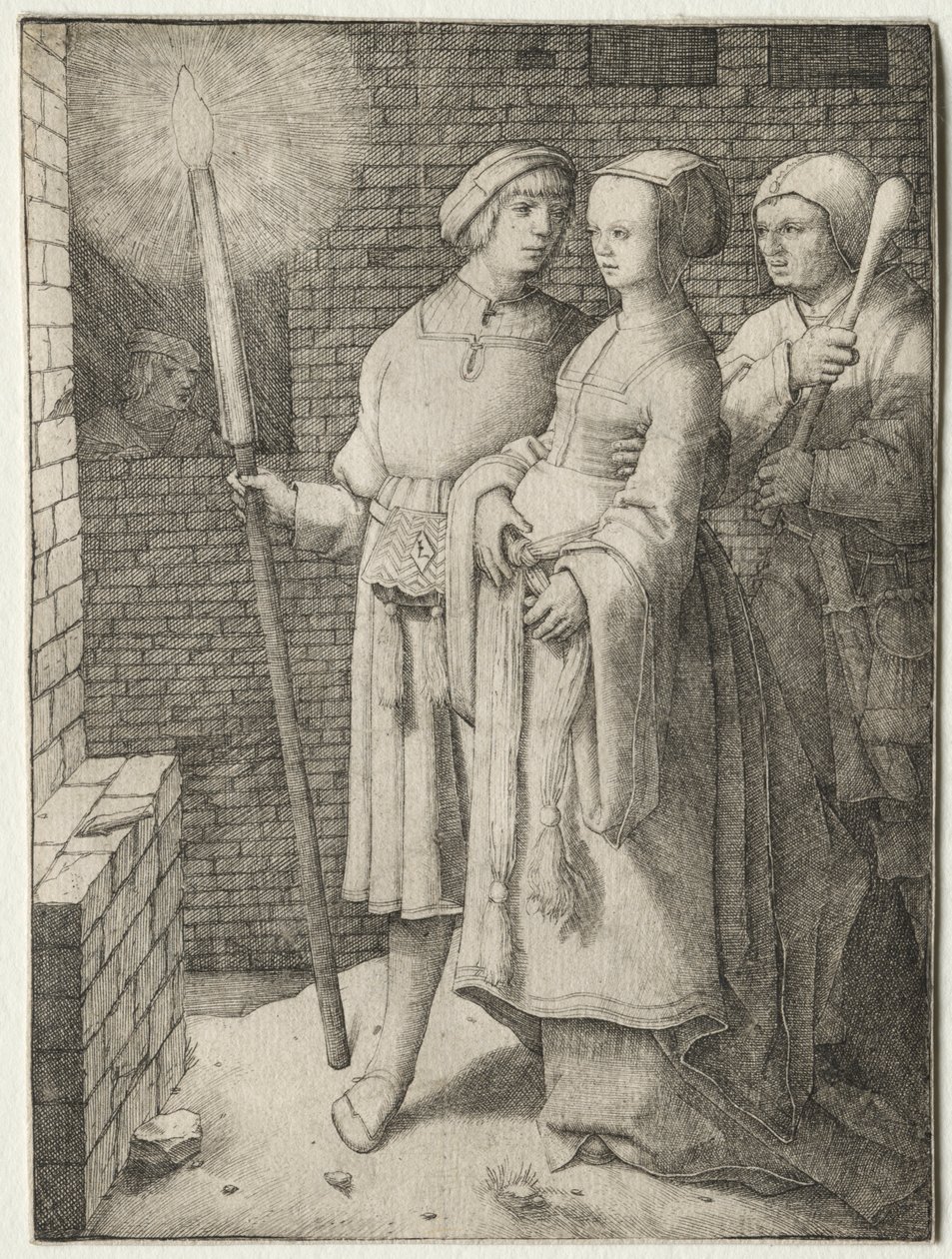 Mies soihtulla ja nainen, jota seurasi typerys, n. 1508. tekijältä Lucas van Leyden