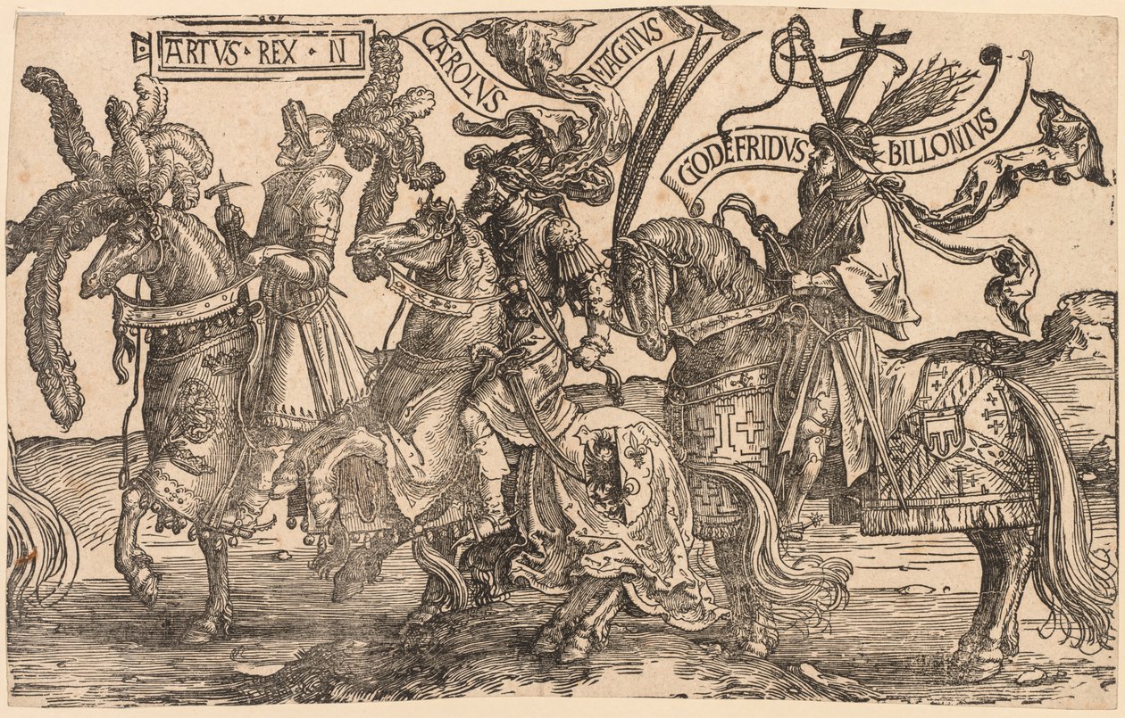 Yhdeksän sankaria: Arthur, Kaarle Suuri (Charlemagne), Godfrey of Bouillon tekijältä Lucas van Leyden