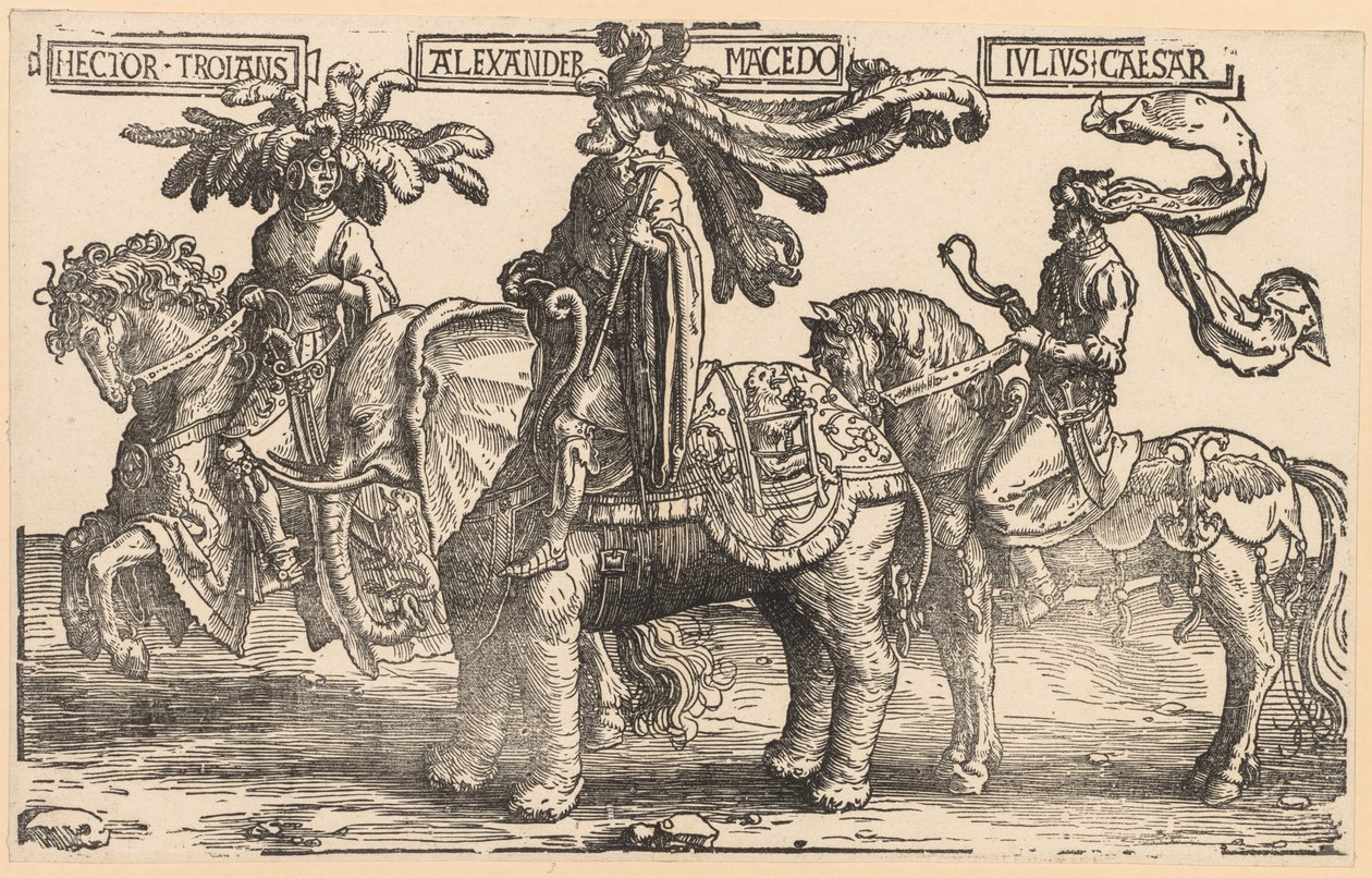 Yhdeksän sankaria: Troijan Hector, Aleksanteri Makedonialainen, Julius Caesar, 1515-1517. tekijältä Lucas van Leyden