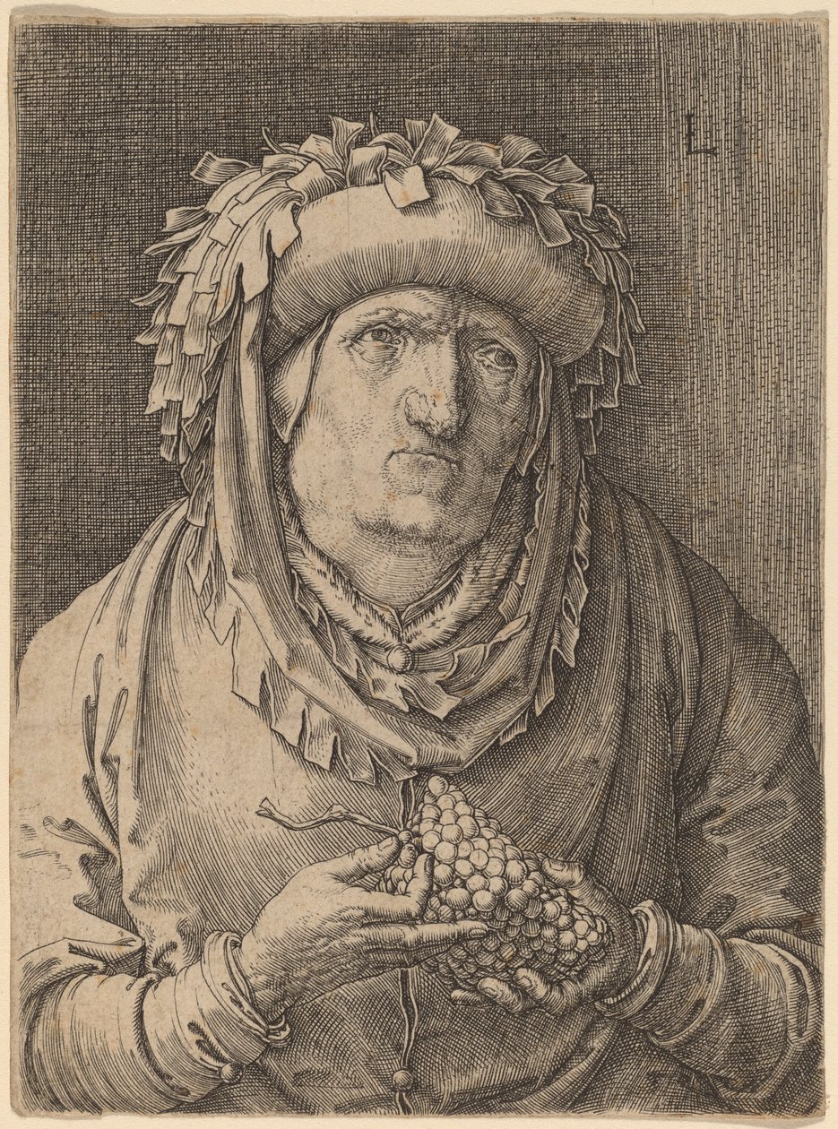 Vanha nainen viinirypäleillä tekijältä Lucas van Leyden