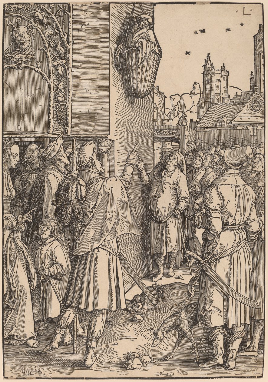 Runoilija Vergilius ripustettuna koriin tekijältä Lucas van Leyden