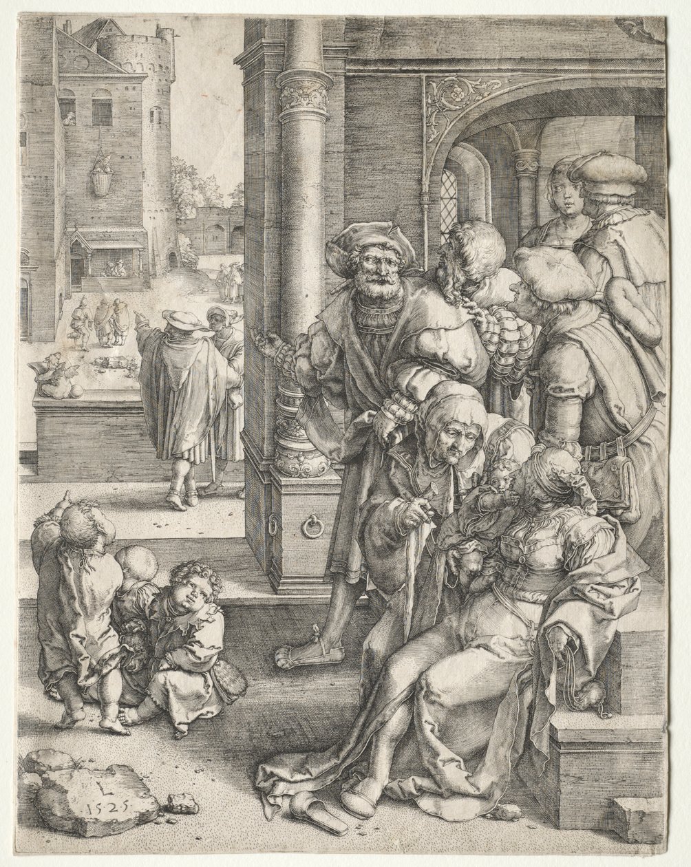 Runoilija Vergilius ripustettu koriin, 1525. tekijältä Lucas van Leyden
