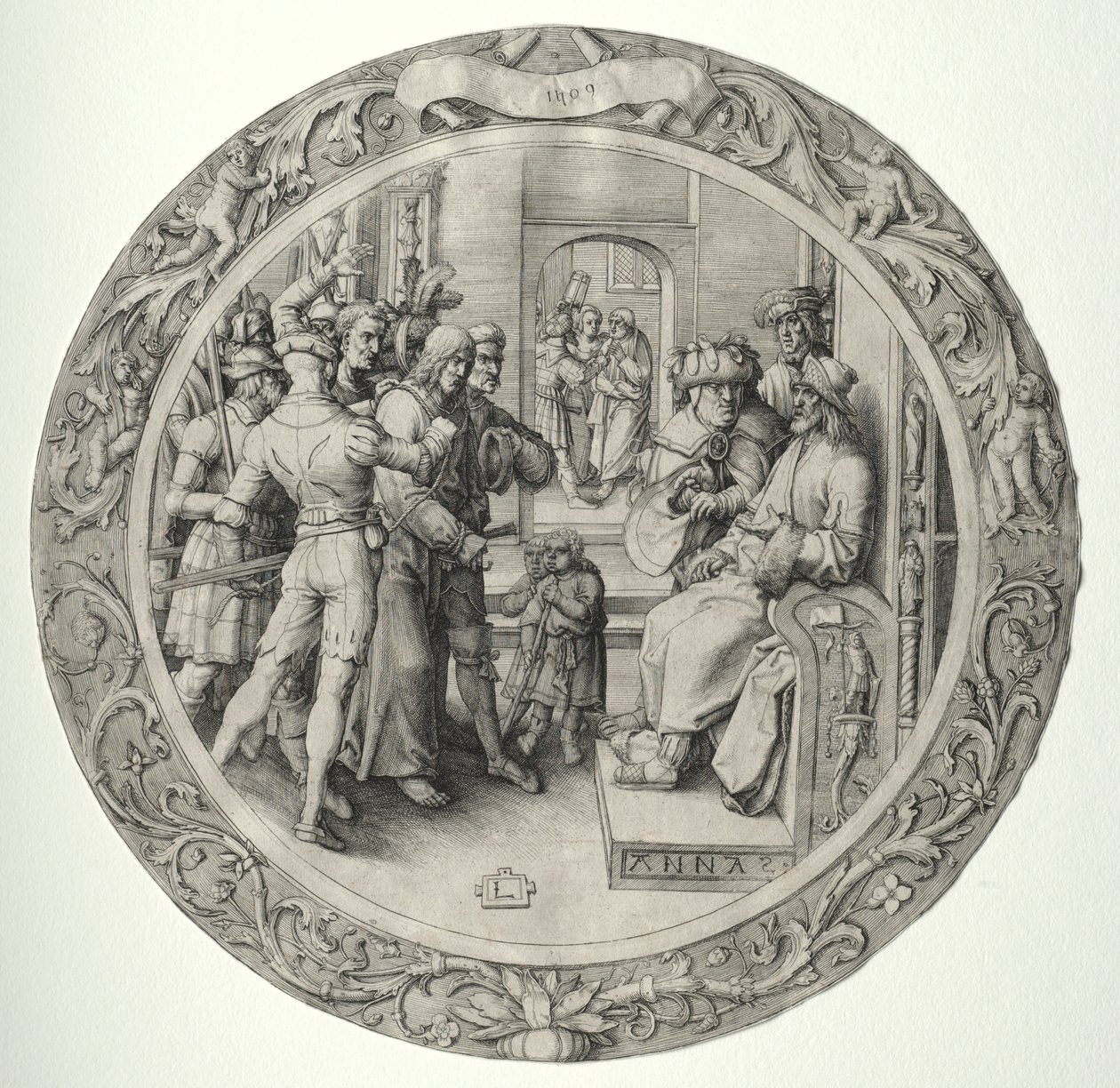 Pyöreä kärsimys: Kristus ylipapin edessä, 1509. tekijältä Lucas van Leyden