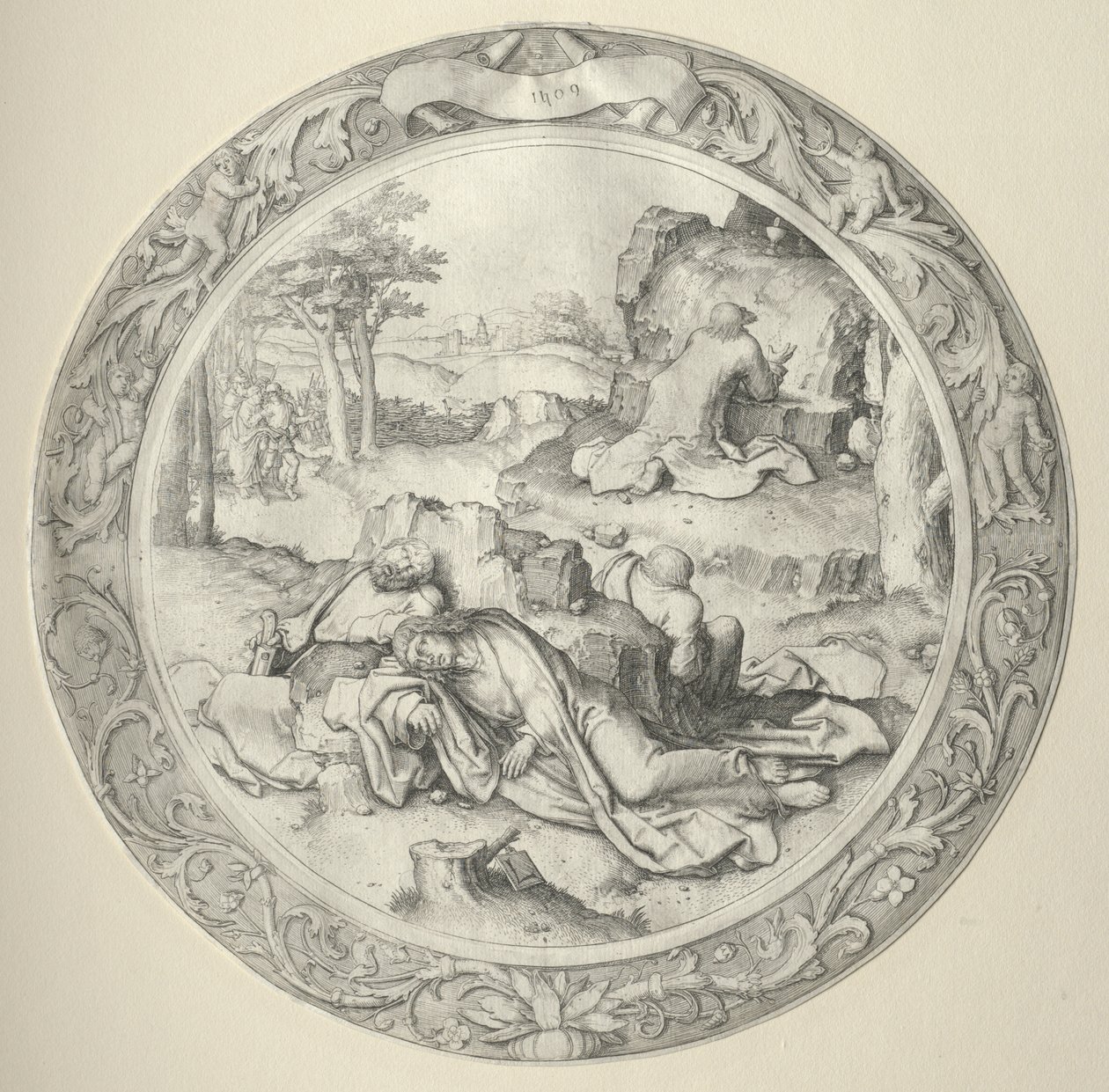 Pyöreä kärsimys: Kristus Getsemanessa (Agony in the Garden) tekijältä Lucas van Leyden
