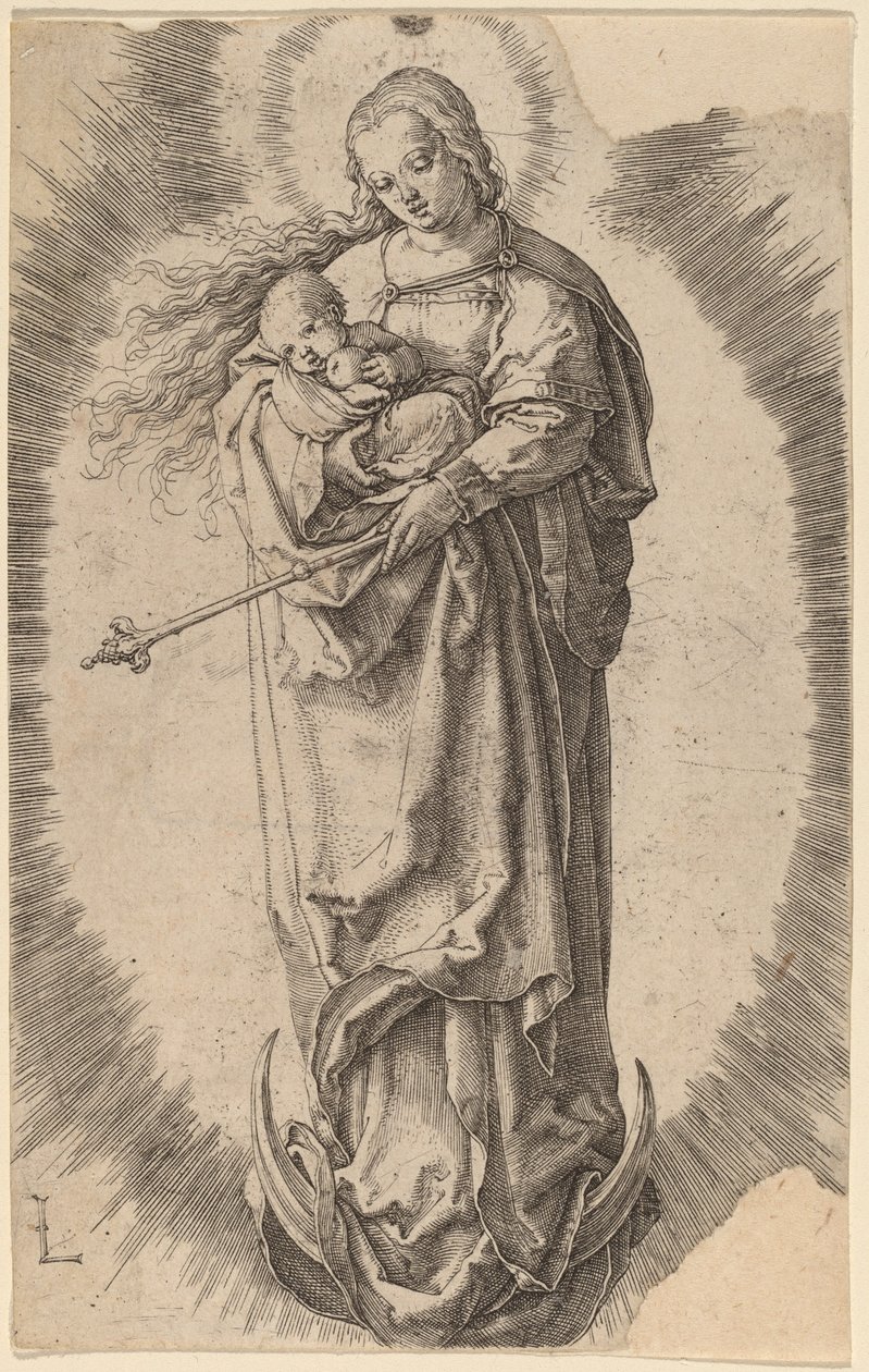 La Mare de Déu i el Nen a la Lluna Mitjana tekijältä Lucas van Leyden