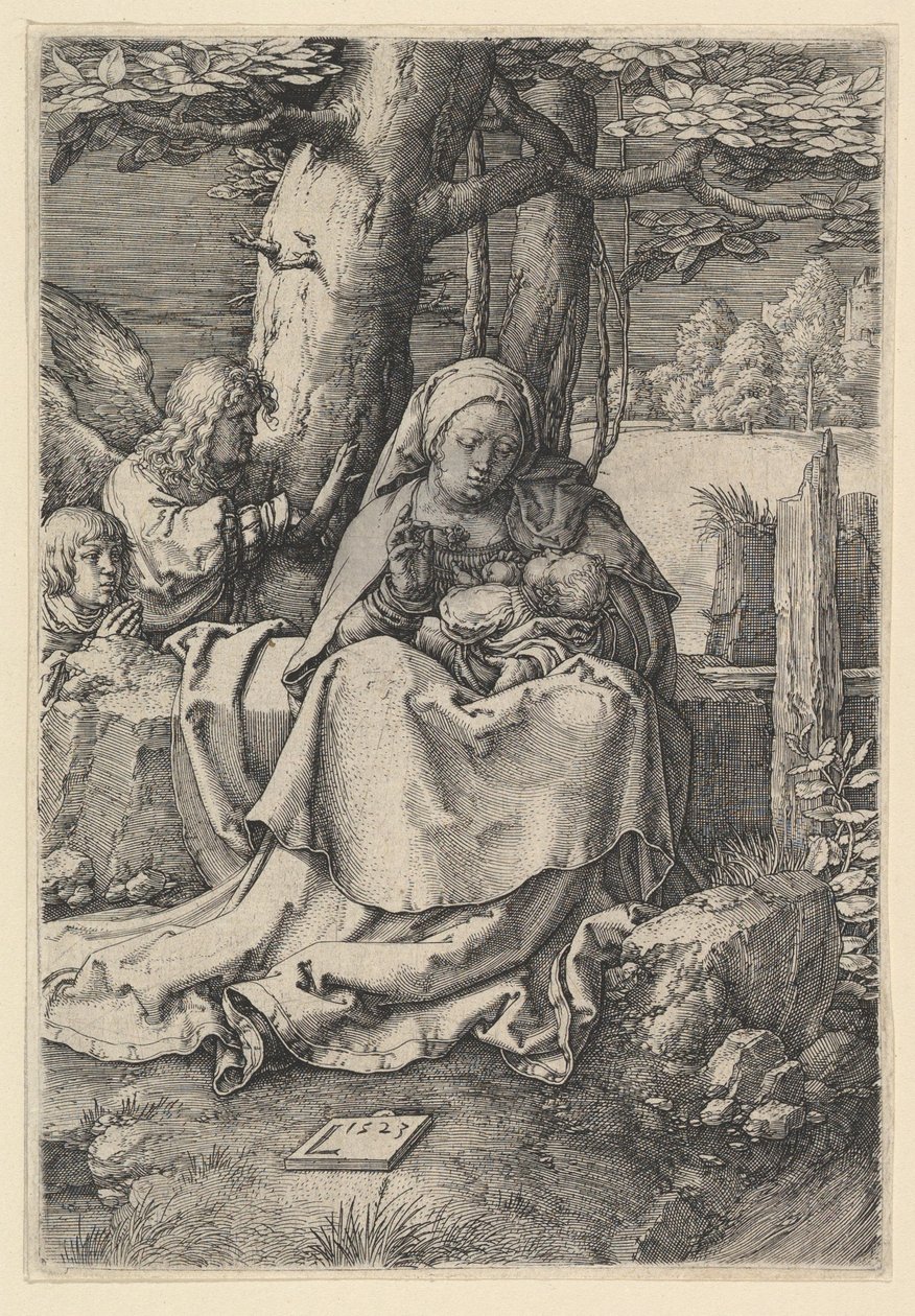 Neitsyt ja lapsi kahden enkelin kanssa, 1523. tekijältä Lucas van Leyden