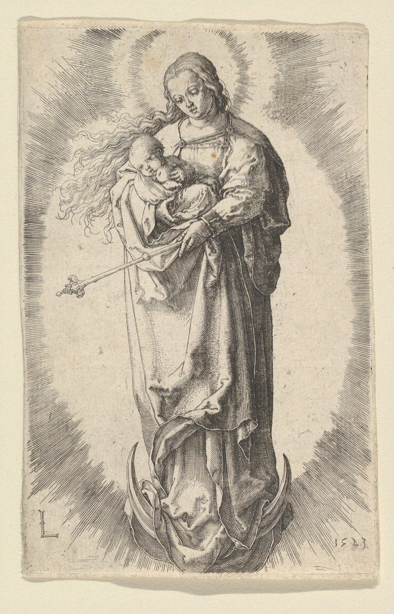 Neitsyt lapsen kanssa puolikuussa, 1523. tekijältä Lucas van Leyden