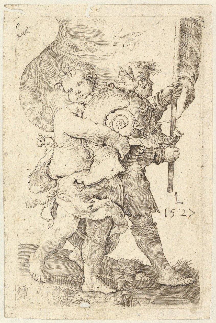 Kaksi poikaa kypärällä ja standardi, 1527. tekijältä Lucas van Leyden
