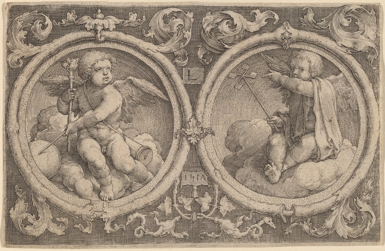 Kaksi Cupidoa istuu pilvien päällä kahdessa ympyrässä tekijältä Lucas van Leyden