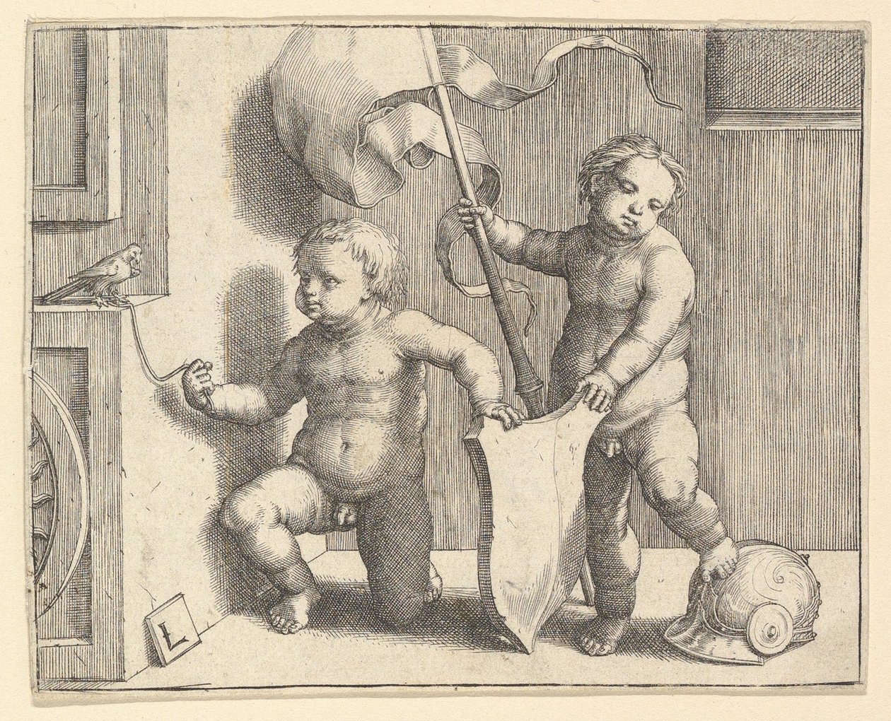 Kaksi alaston lasta tukemassa tyhjää kilpiä, n. 1510. tekijältä Lucas van Leyden