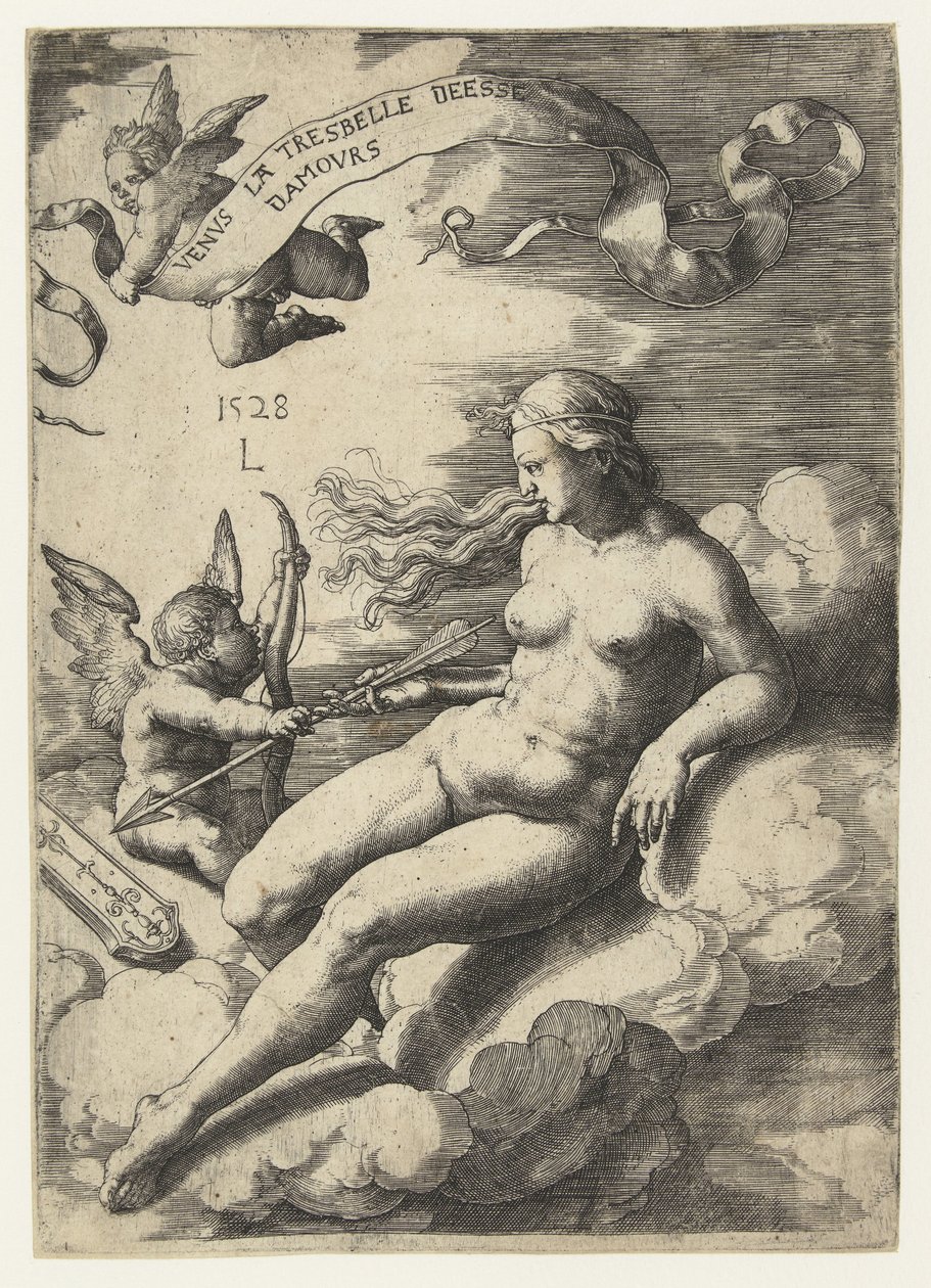 Venus ja Cupid Venus la tresbelle deese damours (nimi esineessä) tekijältä Lucas van Leyden