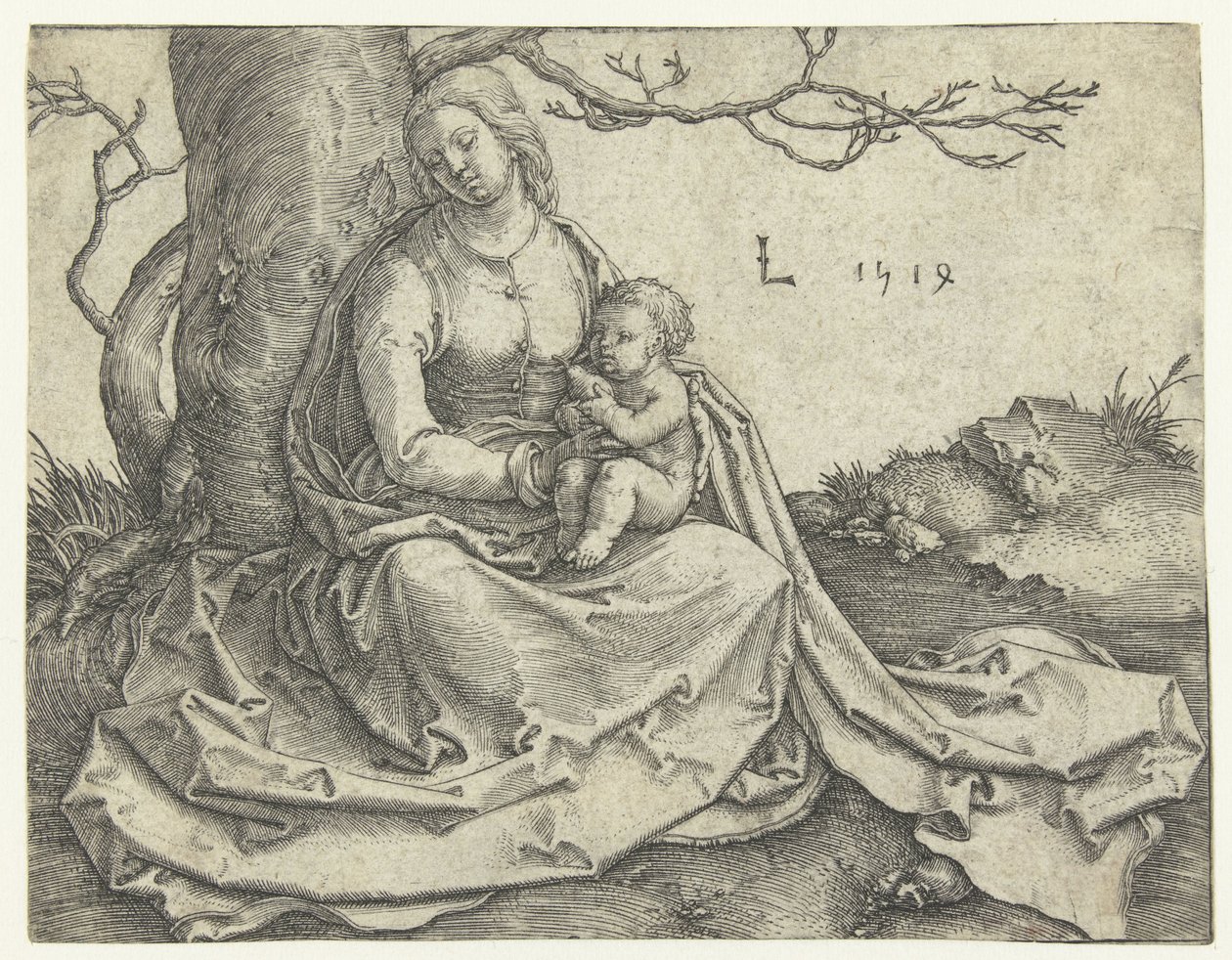 Neitsyt ja lapsi istuvat puun alla tekijältä Lucas van Leyden