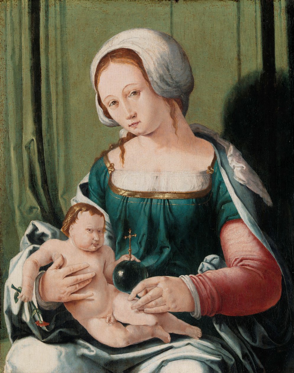 Neitsyt ja lapsi, n. 1530 (öljy paneelille) tekijältä Lucas van Leyden