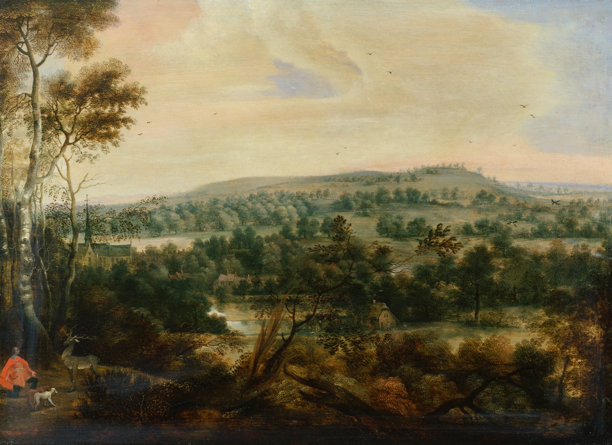 Metsäinen maisema Saint Hubertin kanssa (öljy paneelissa) tekijältä Lucas van Uden