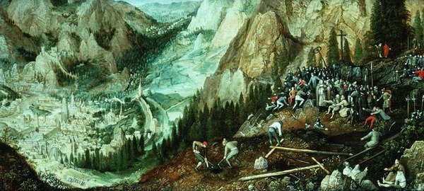 Maisema Jerusalemin kanssa, ristiä kantava Kristus ja valmistelut Golgatan kukkulalla tekijältä Lucas van Valckenborch