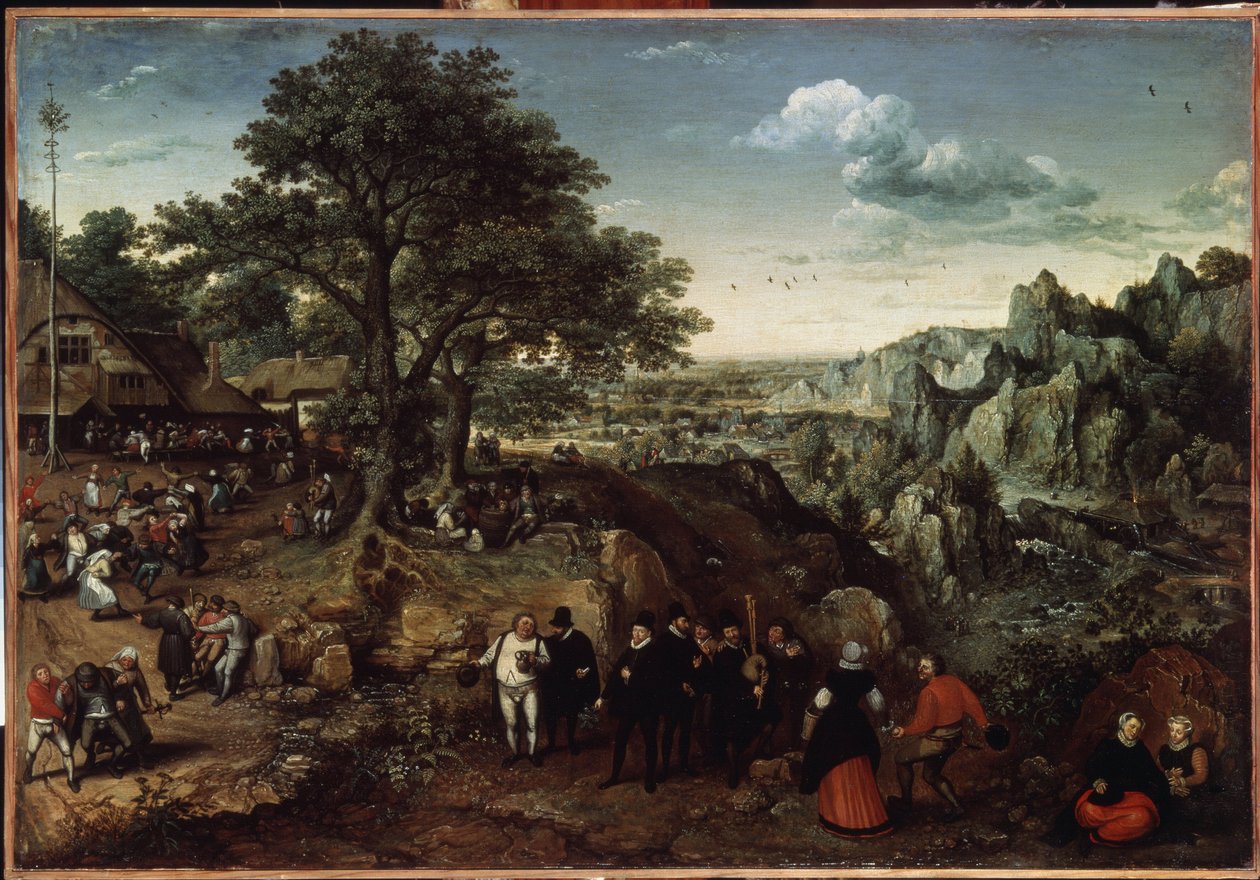 Maisema maalaisjuhlan kanssa (Maisema maalaisjuhlan kanssa). Lucas van Valckenborchin (1530-1597) maalaus. Öljy kankaalle, 48,5 x 73,4 cm, 1580 loppu 1590 alku. Hollantilainen taide, barokkitaide. Eremitaaši, Pietari. tekijältä Lucas van Valckenborch