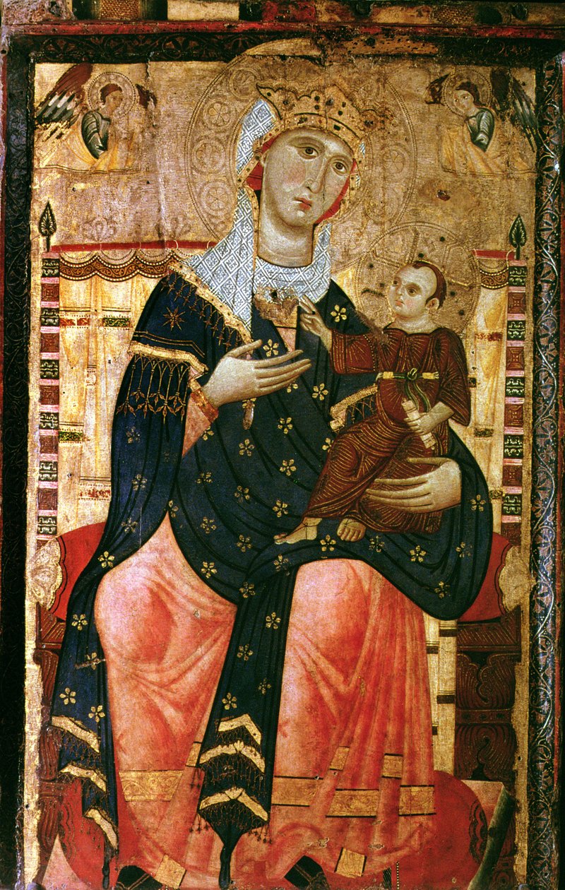 Valtaistuimella Madonna ja lapsi, n. 1260 (kangas asetettu poppelin päälle) tekijältä Luccanese School